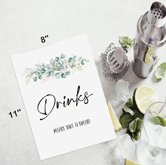 UHADRE Baby Shower/Bridal Shower/Wedding Decoration Sign- Drinks Please Take A Treat, Baby Shower Decorations, Eucalyptus Sign for Baby Shower, Greenery Gold Baby Shower Sign (8 x 11 inch) BSS07