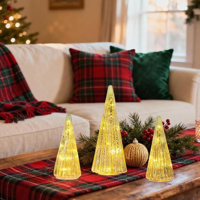 YEAHOME Christmas Decorations Indoor, 3 Pack Pre-lit Gold Glass Christmas Tree Home Decor, Christmas Table Decorations Lighted Xmas Tree with Timer for Living Room Fireplace Tabletop Party
