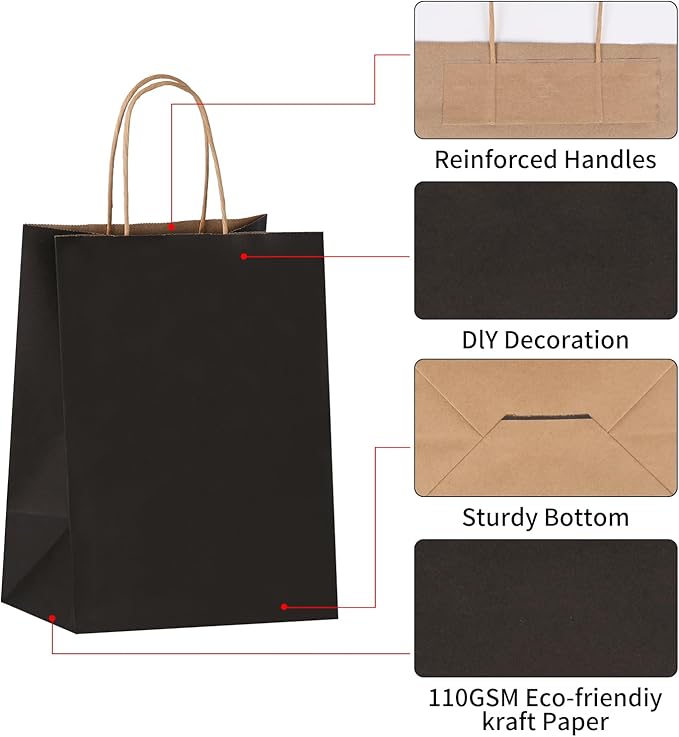 Joybe 100 Pack 8x4.75x10 Inch Medium Black Kraft Paper Bags with Handles Bulk, Craft Paper Gift Bags for Party Favors Grocery Retail Shopping Business Goody Merchandise Take Out Blank Sacks (100pcs)