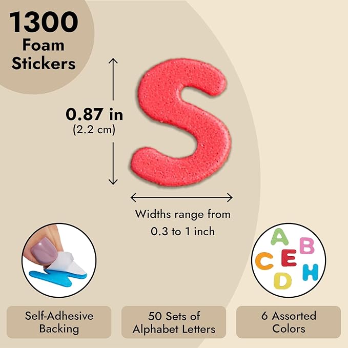 Juvale Foam Letter Stickers - Easy Peel Alphabet Stickers - Soft Sponge Foam Letters for Crafts - 1300 Pieces, 50 Sets, 6 Colors