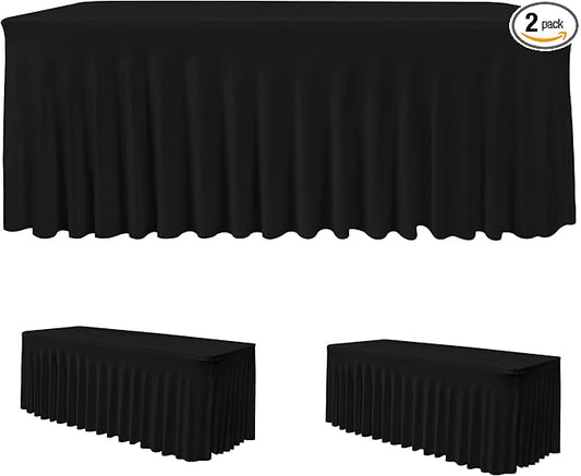 HolidayIdeas Black 8ft Rectangle Spandex Tablecloth 2 Pack Fitted Stretch Table Skirts 30x96 Inch, Ruffle Design Wrinkle-Free Polyester Table Cover for Banquets,Trade Shows, Parties, Events
