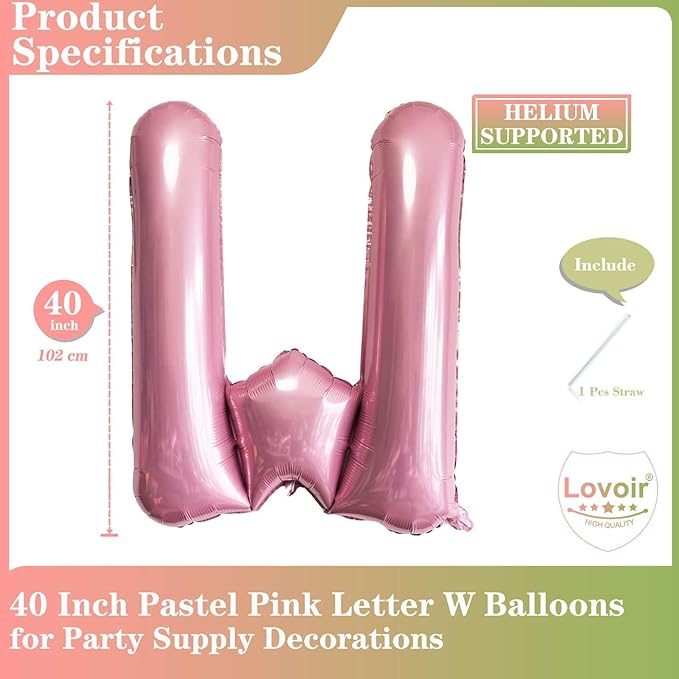 Lovoir Pink Letter W Balloons, 40 Inch Pastel Pink Letter Balloons W Foil Mylar Helium Pink Letter Balloons for Birthday Party Supplies Anniversary Event Celebration Decorations Alphabet Pink W