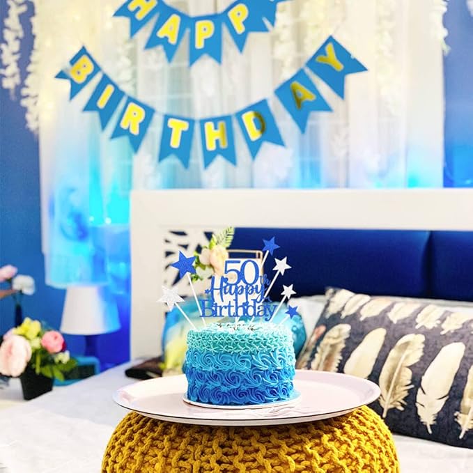 Glittery 50th Happy Birthday Cake Topper with Star,Personalised 50 Birthday Cake Toppers Party Decorations Party Supplies for Men Women Blue