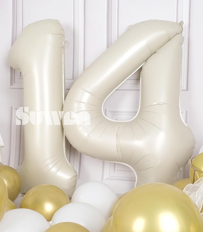 SUWEN 40 Inch Cream White Large 14 Number Balloons Big Foil Helium Number Balloons 0-9 Jumbo Happy 14th Mylar Birthday Party Decorations for Boy or Girl 41 Anniversary Party Supplies