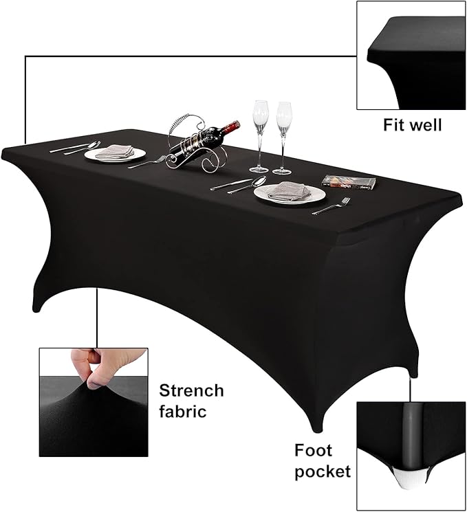 FORLIFE Spandex Table Covers - Fitted Tablecloth for 6ft Rectangular Tables with Stretch Patio Design - Perfect for Weddings, Banquets, and Parties - Available in Black