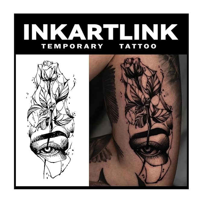INKARTLINK Tattoo Tech, 2 Sheets Large Semi Permanent Tattoo, Adult Art Design Temporary Tattoos, Lasts 1-2 Weeks, Waterproof, Realistic Look, No Adhesive, No Reflection (Rose and Eye Design)