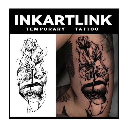 INKARTLINK Tattoo Tech, 2 Sheets Large Semi Permanent Tattoo, Adult Art Design Temporary Tattoos, Lasts 1-2 Weeks, Waterproof, Realistic Look, No Adhesive, No Reflection (Rose and Eye Design)