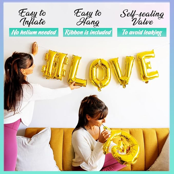 [52pcs] Gold Letter Balloons - 2 Full A-Z Sets For Gold Letter Balloon Banner | Alphabet Ballons | 16 inch Foil Ballon | Customized Name Balloon Letters for a Birthday, Graduation, Wedding Baby Shower