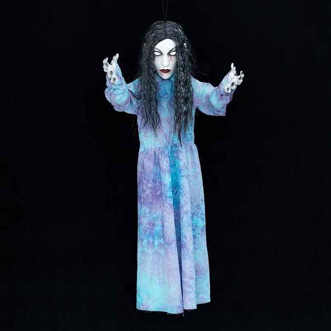 HollyHOME Halloween Hanging Ghost Girl with Glowing Eyes, Creepy Sound and Shaking Body Halloween Decorations Outdoor Scary Haunted House Prop 43’’
