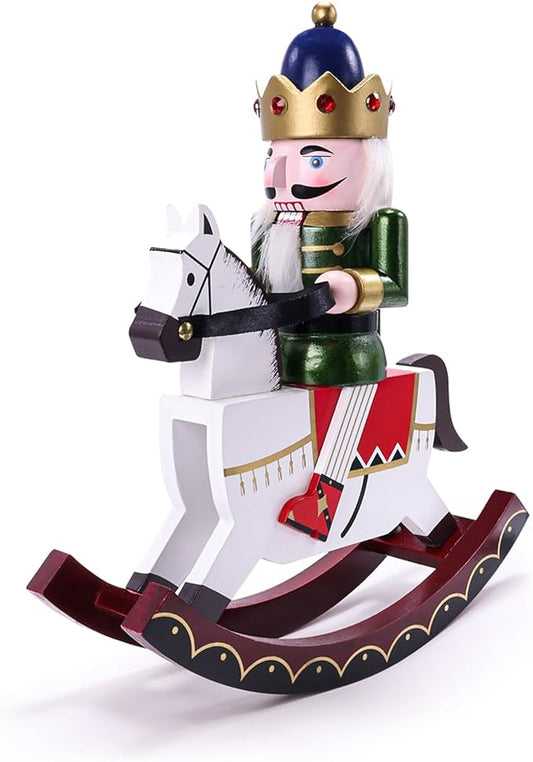 11" Wooden Rocking Horse Soldier Nutcracker, Festive Christmas Decoration, Handcrafted Nutcracker Collectible Christmas Decor for Tabletop, Shelves, and Fireplace Mantel