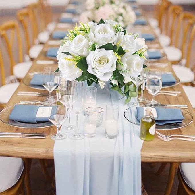 Artificial Roses Flowers - 2 Pack Faux Flower Balls Fake Flower 15 Heads Plastic Roses with Base Perfect for Wedding Bouquets Party Table Décor Home Decoration Bouquet for Wedding Centerpieces（White）