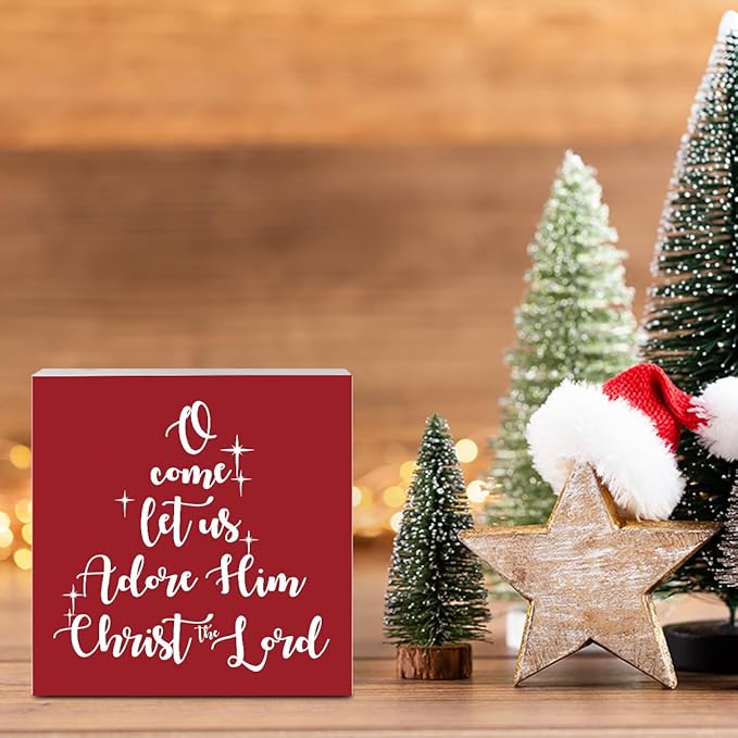 O Come Let Us Adore Him Red Christian Christmas Decorations Religious Church Christmas Decor for Bathroom Home Office 5 x 5 Inch