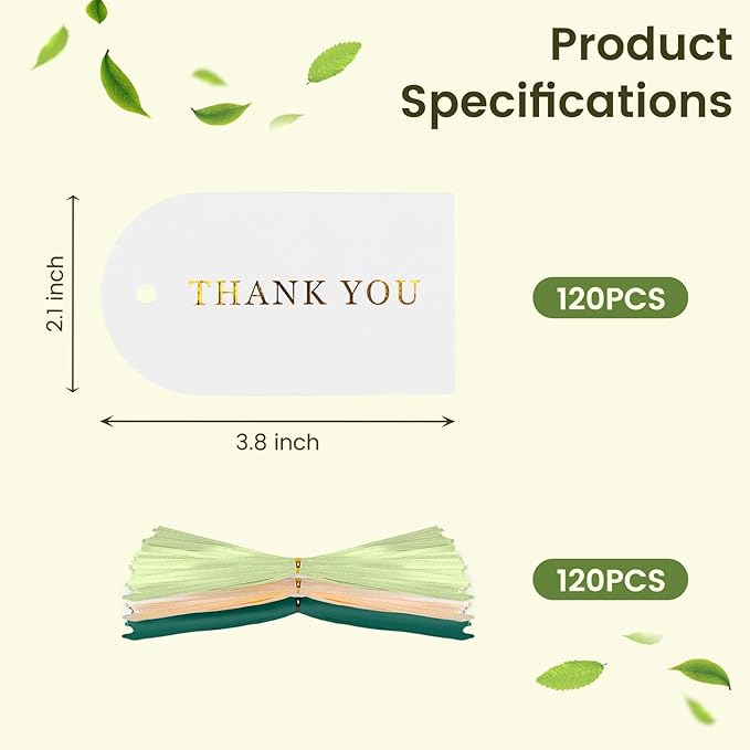 SallyFashion 120PCS Thank You Gift Tags, White Paper Tags with Ribbon Gold Stamping Hanging Labels for Party Favors Birthday Baby Shower