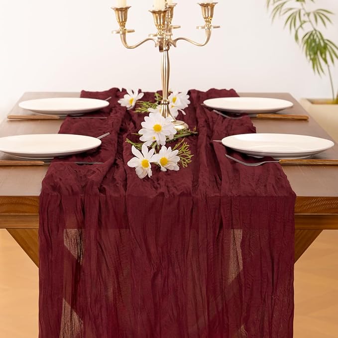 Socomi 6pcs Burgundy Red Fall Thanksgiving Cheesecloth Table Runner Boho Rustic Gauze 120 inch 10FT Cheese Cloth Runner for Wedding Party Baby Shower Birthday Home Decor Holiday Decorations