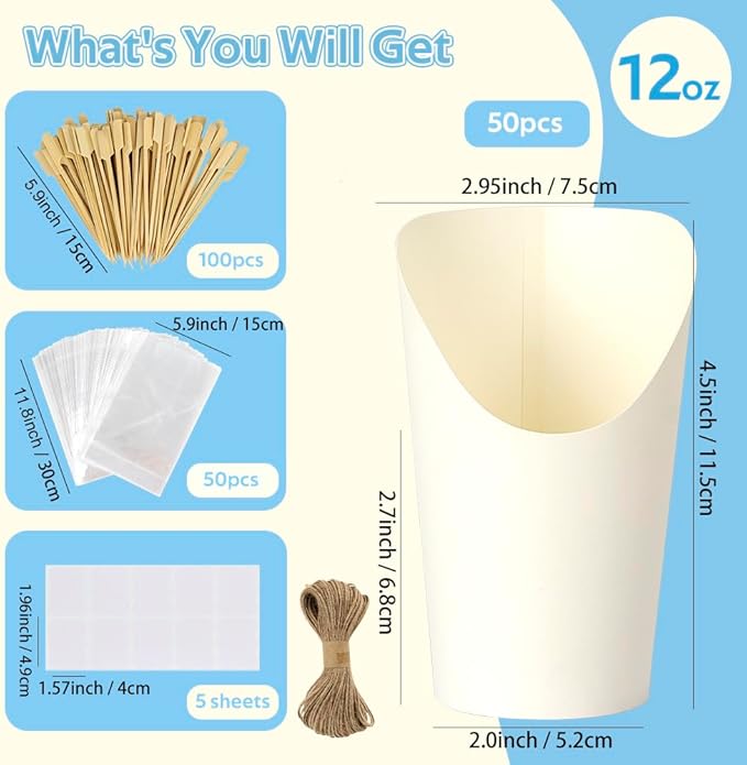 12oz White Charcuterie Cups 50 Pcs, 100 Sticks + 50 Plastic Bags + 50 Labels, Disposable Charcuterie Cups with Sticks and Bags, Individual French Fry Cup Paper Appetizer Cup for All Parties