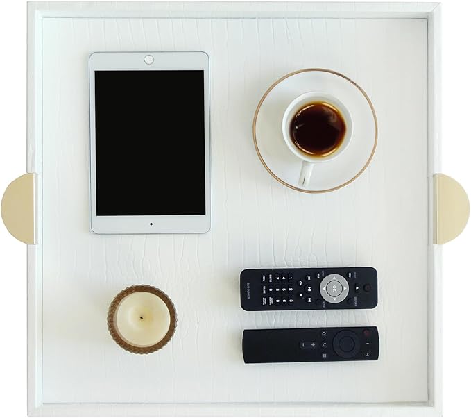 HofferRuffer Faux Leather Decorative Serving Tray, Elegant Coffee Table Ottoman Tray, Breakfast, Drinks, Liquor Serving Platter, White Croco Finish with Gold Hardware Handle (Square)