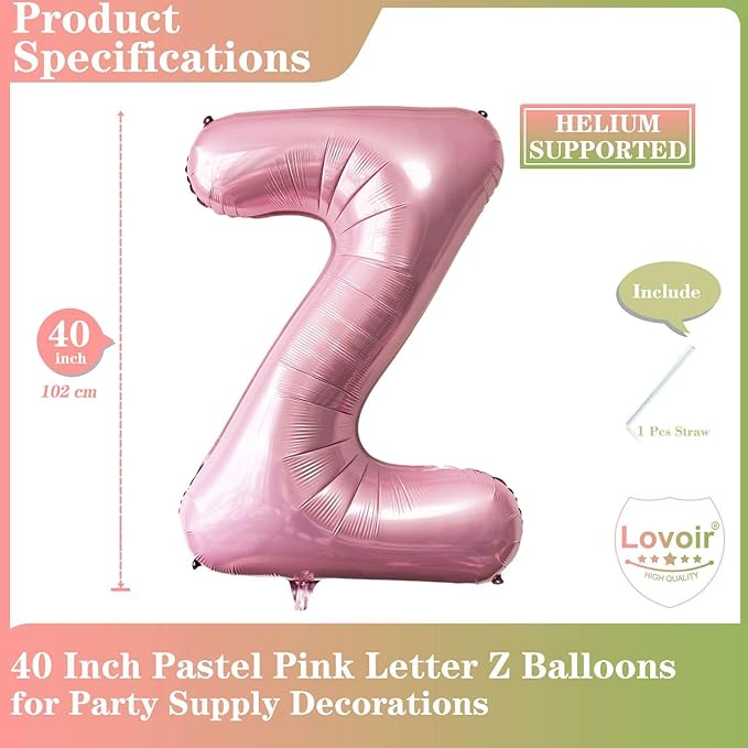Lovoir Pink Letter Z Balloons, 40 Inch Pastel Pink Letter Balloons Z Foil Mylar Helium Pink Letter Balloons for Birthday Party Supplies Anniversary Event Celebration Decorations Alphabet Pink Z