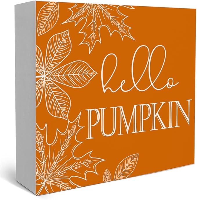 Fall Theme Sign Retro Farmhouse Fall Artwork Decor Autumn Harvest Thanksgiving Wooden Sign, Rustic Wood Maples Decorations for Indoor Outdoor Home Office Supplies (Hello Pumpkin)