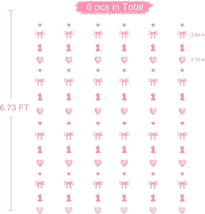 Pink Bow 1st Decorations Pink Plaid Twill Polka Dot Heart Bow Hanging Streamer Garland Banner for Happy First Birthday Girls Just Wanna be One Bday Decor 1st Anniversary Party Decorations Supplies
