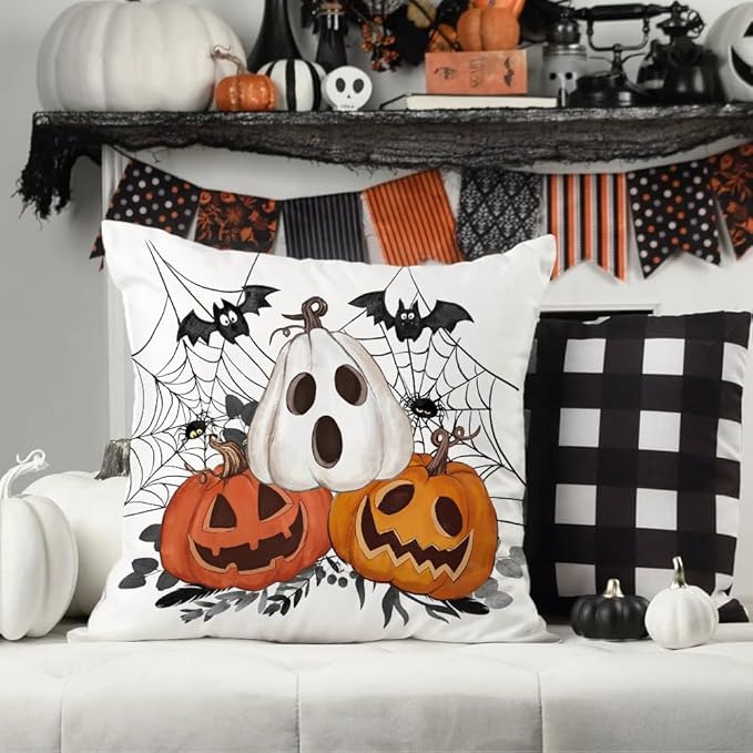 AACORS Halloween Pillow Cover 16X16 Inch Pumpkin Jack-O'-Lanterns Bat Web Decoration Holiday Farmhouse Pillow Case Decor for Home Sofa Couch AA306-16
