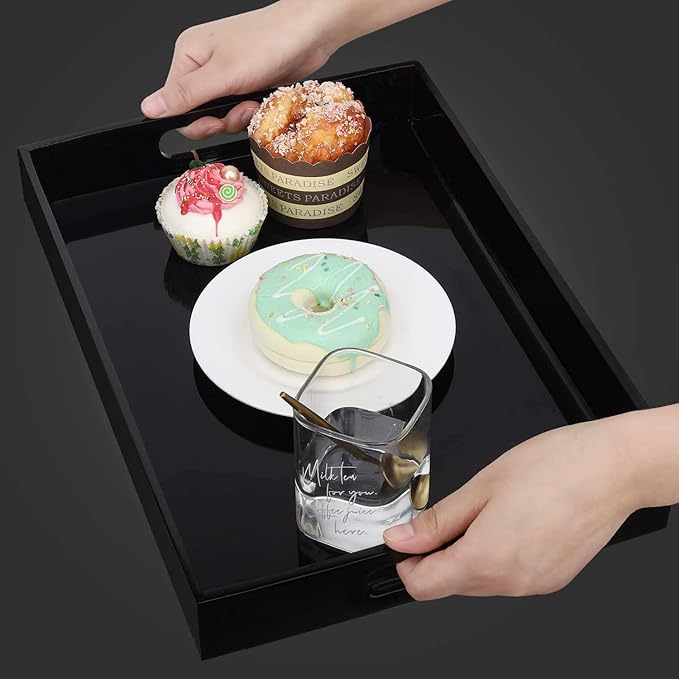 Durable Rectangular Breakfast Serving Tray - 5MM Thick Waterproof Acrylic Serving Platter with Handles for Coffee, Tea, Food - Elegant Decorative Tray (Black Tray-16''x12'')