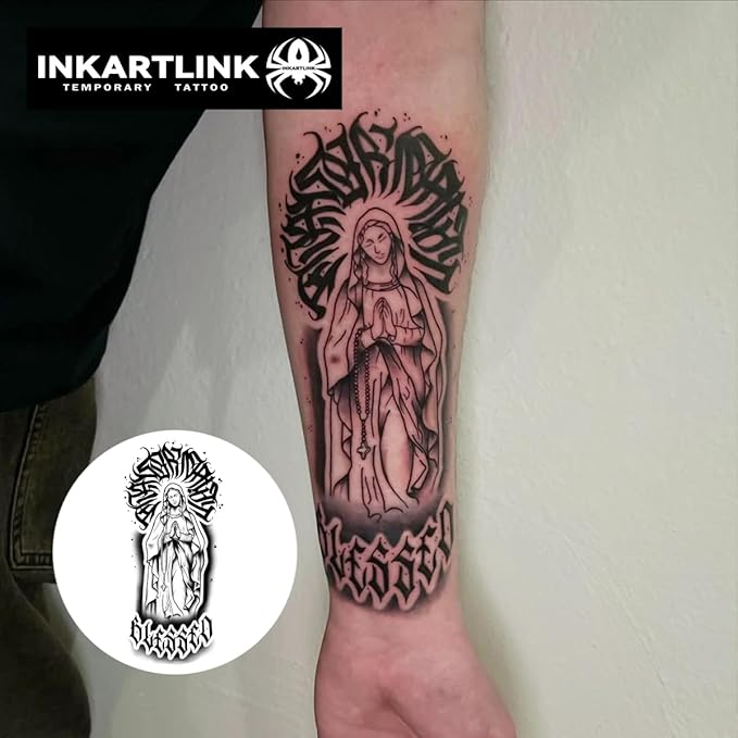 INKARTLINK Tattoo Tech, 2 Sheets Large Semi Permanent Tattoo, Temporary Tattoos, Last 1-2 Weeks, Waterproof, Realistic Look, No Adhesive, No Reflection （Religion Design)162