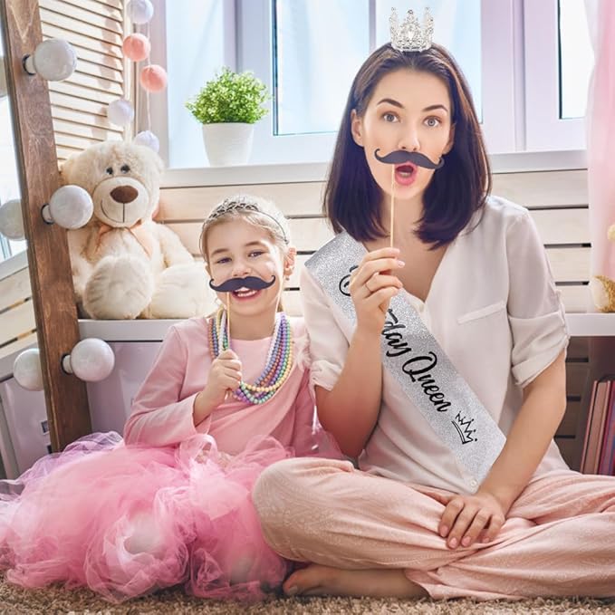 Birthday Queen Sash for Women Tiara & Crowns Headbands for Girls Happy Birthday Party Accessories Favor Supllies Leona Black Silver Pink, 2 Pack