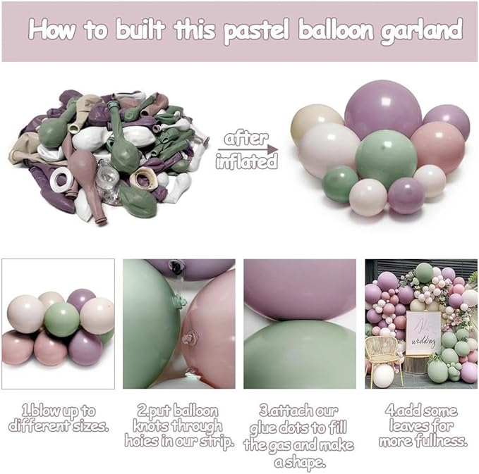 Dusty Green Purple Balloon Garland Double Stuffed Pastel Green Lavender Pink White Sand Balloon Arch Kit Light Lilac Cream Balloons for Baby Shower Birthday Wedding Flower Fairy Party Decor