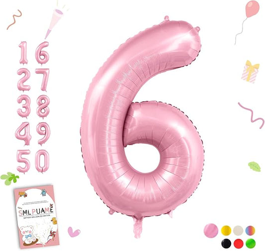 Smlpuame Pastel Pink 6 Balloons, 40 Inch Large Light Pink Foil Number Balloons 0-10, Self-Sealing 6th Birthday Balloon for Girls Women Anniversary Baby Shower Princess Party Decorations Supplies