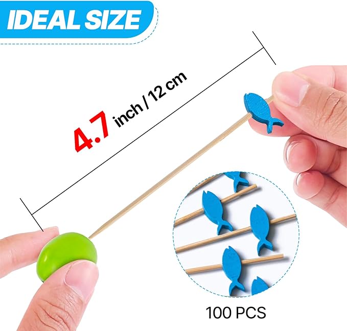PuTwo Cocktail Toothpicks 100 Counts Cocktail Picks Handmade Natural Bamboo Cocktail Sticks Eco-Friendly Appetizer Skewers for Cocktail Appetizers Fruits Dessert - Blue Fishes