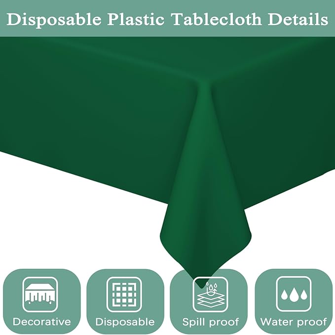WNINK 6 Pack Dark Green Plastic Tablecloths 54" x 108" Rectangular Table Covers for Weddings, Bridal Showers, Birthdays, Parties