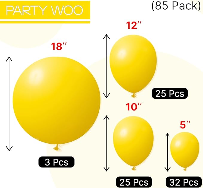 PartyWoo Yellow Balloons 85 pcs Different Sizes of 18 12 10 5 Inch Matte Light Yellow Latex Balloon Arch Kit Garland for Easter Bee Baby Shower Sunflower Birthday Graduation Decorations Yellow-Y55
