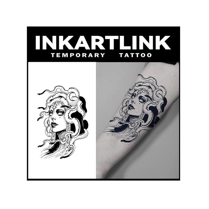 INKARTLINK Tattoo Tech, 2 Sheets Large Semi Permanent Tattoo, Adult Art Design Temporary Tattoos, Lasts 1-2 Weeks, Waterproof, Realistic Look, No Adhesive, No Reflection (Realistic Medusa Design)