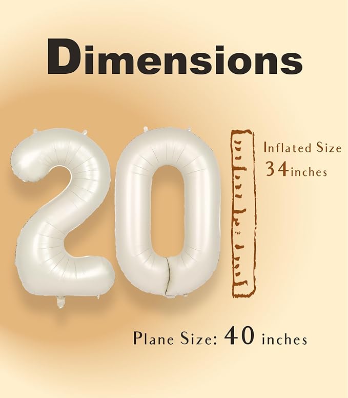 SUWEN 40 Inch Cream White Large 20 Number Balloons Big Foil Helium Number Balloons 0-9 Jumbo Happy 20th Mylar Birthday Party Decorations for Women or Men Anniversary Party Supplies