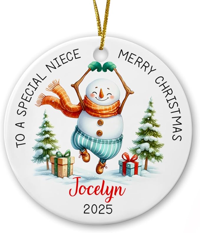Personalized Niece Snowman Ceramic Ornament Christmas with Name, to a Very Special Niece Merry Christmas Customized Ornament, Special Niece Snowman Xmas Tree Keepsake Ornament Gifts from Auntie Uncle