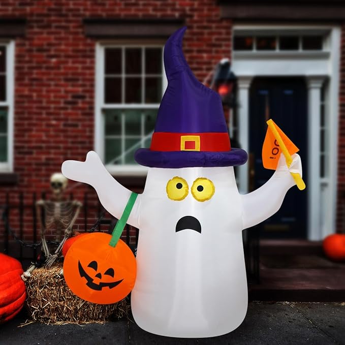 Halloween Blow up Inflatable Ghost Hold JackoLantern Decoration-Lighted Blow-Up for Home Yard Garden Indoor and Outdoor Decoration with Built in Fan and Anchor Ropes (Ghost with Boo Flag)