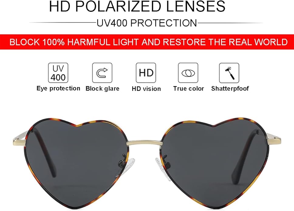JOVAKIT Polarized Heart Sunglasses for Women Fashion Lovely Style Metal Frame UV400 Protection Lens