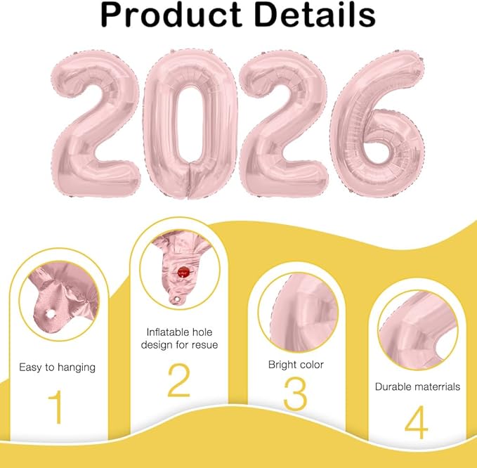 2026 Balloons, 2026 Number Balloons, 2026 Rose Gold Balloon, Foil Happy New Year Balloon for New Year Eve Party Supplies Graduation Decorations Anniversary Birthday Home Office Decorations, 16 Inch