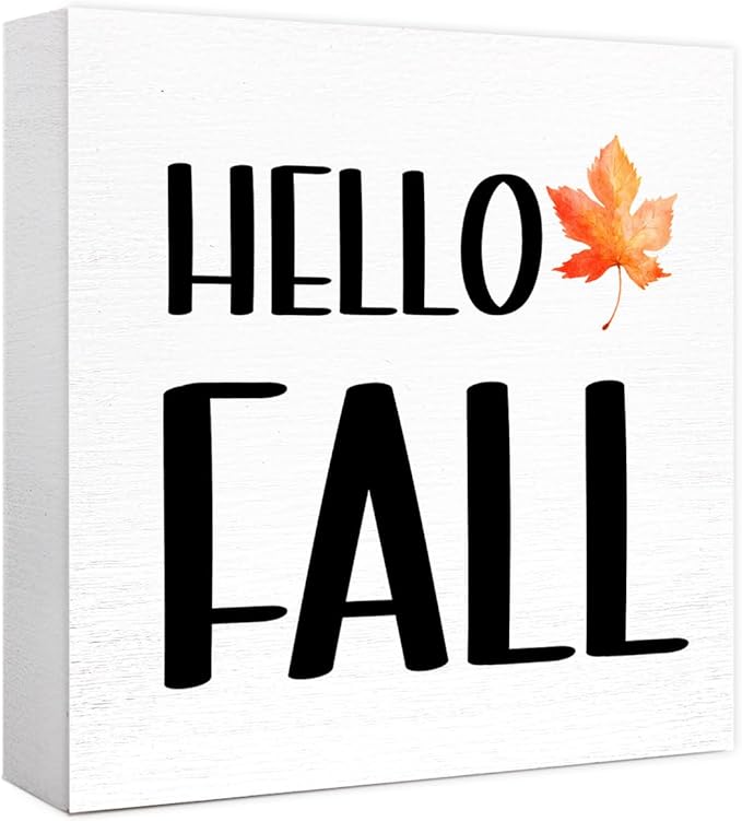 Funny Autumn Wood Box Sign Hello Fall Wooden Block Desk Decor for Home Office Kitchen Cubicle Table Shelf Tabletop,Farmhouse Fall Sign Decor