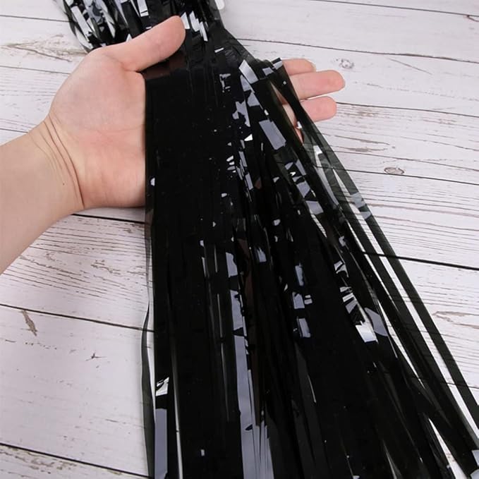 2 Pcs 3.2ft x 8.2ft Shiny Black Metallic Tinsel Foil Fringe Curtain Photo Booth Backdrop Props for Birthday Wedding Bridal Shower Baby Shower Celebration Bachelorette Party Decorations