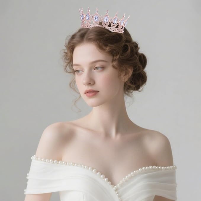 Rose Gold Crown for Women Crystal Tiara and Queen Crown for Girl Wedding Headband for Bride Hair Accessories for Costume Birthday Party Cake Decoration Prom
