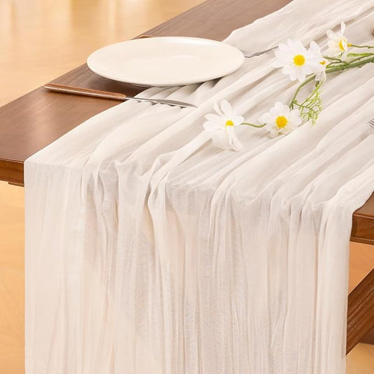 Socomi 3pcs Ivory White Cheesecloth Table Runner Fall Thanksgiving Boho Rustic Gauze 120 inch 10FT Cheese Cloth Runner for Wedding Party Baby Shower Birthday Home Decor Holiday Decorations