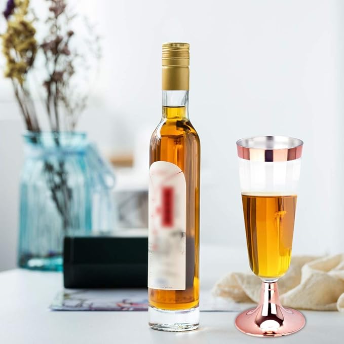 BUCALA 100 Pack Plastic Champagne Flutes - 5OZ Plastic Champagne Glasses With Rose Gold Rim - Premium Quality Disposable Cups - Ideal for Mother's Day/Parties/Weddings