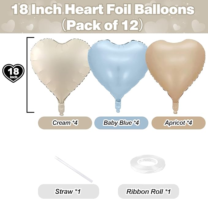 Blue Cream Heart Foil Balloons, 12Pcs Baby Blue Beige Nude Heart Shape Mylar Balloon, 18Inch Macaron Apricot and White Helium Balloons for Boho Birthdays Baby Shower Wedding Valentines Party Decor