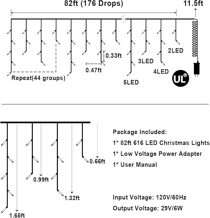 82 FT Outdoor Christmas Lights with 176 Drops, Christmas Decorations Fairy Lights 616 LED 8 Modes, Plug in Waterproof Hanging String Lights for Home Xmas Tree Yard Wedding Party Multicolor