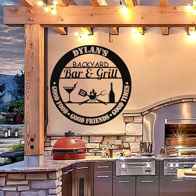 Custom Backyard Bar and Grill Metal Sign , Personalized Outdoor Kitchen Wall Art with Good Food Good Friends Good Times Quote , Rustic BBQ Patio Decor, Grill Master Gift for Dad, Husband, Grandpa, Man Cave