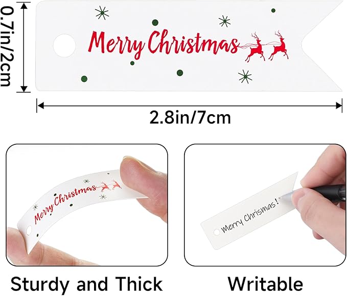 G2PLUS Small Merry Christmas Tags - 100Pcs Deer Xmas Present Tags, 2.8''x0.8'' White Paper Gift Tag with String for Gift Wrapping, Goodies Bags, Christmas Holiday Party Favors