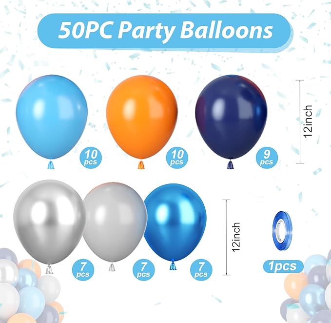 Blue and Orange Balloons, Blue Silver Orange Balloons, Royal Blue light Blue Grey Metallic Balloon for Outer Space Astronaut Theme Boy Birthday Party Baby Shower Wedding Graduation Decorations
