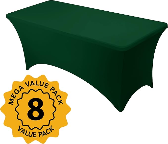 8-Pack Premium Hunter Green Spandex Tablecloths for 6ft Rectangle Tables, Stain & Wrinkle-Resistant, Washable Stretch Polyester Fitted Table Cover for Weddings, Banquets, Trade Shows Events