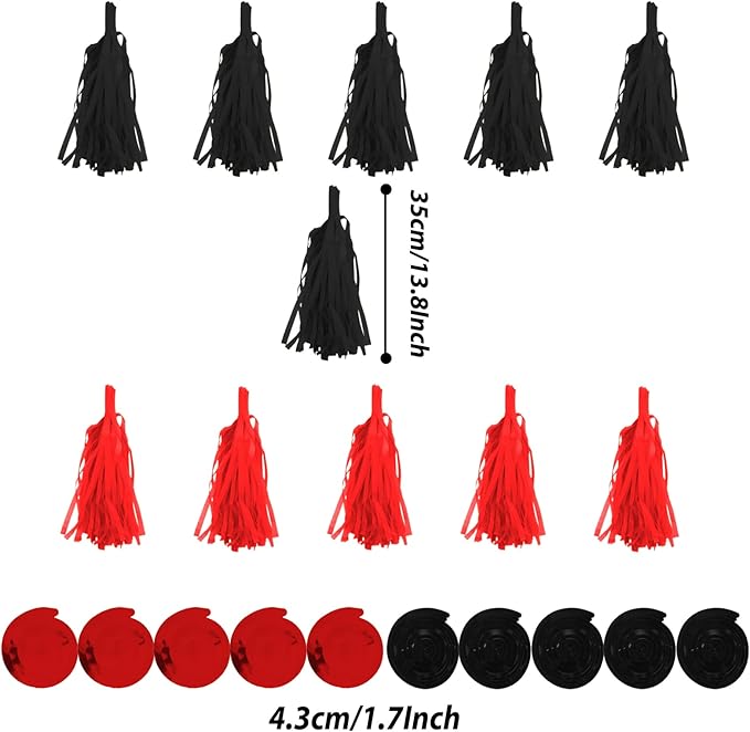 ZERODECO Party Decorations, 41 Pcs Black and Red Papar Fans Pompoms Garlands String Tissue Paper Tassel for Graduation Bridal Baby Shower Wedding Boy Girl Birthday Party